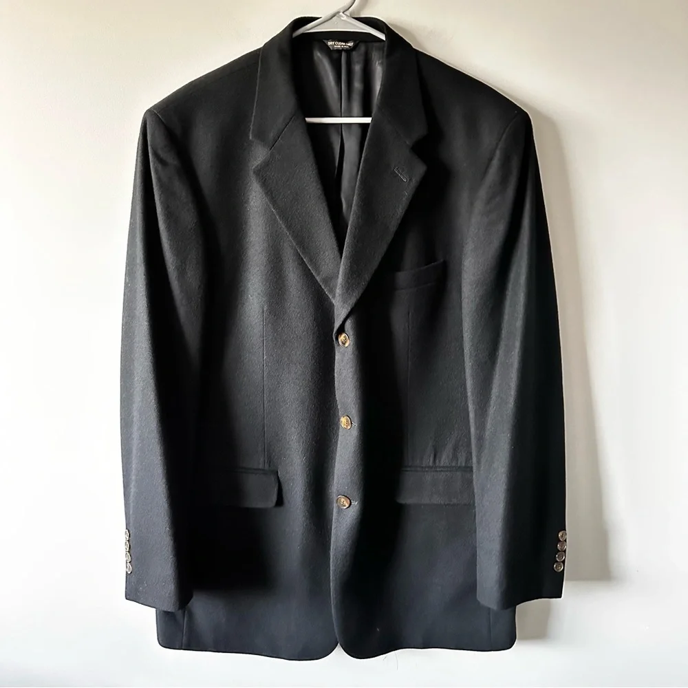 Bill Blass Blazer Men's 44L Black Single Breasted 3 Button 100% Cashmere